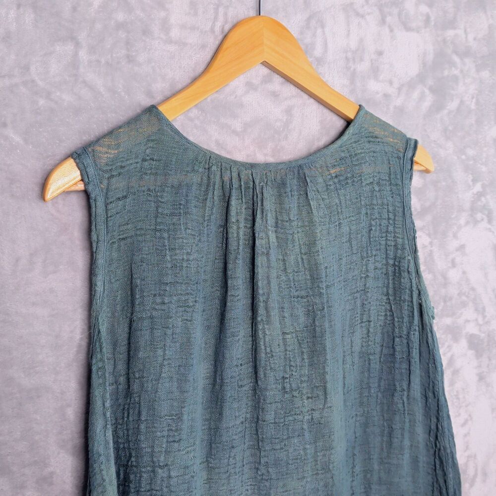 LA BOTTEGA Teal Gauzy Linen Sleeveless Top Size M Hi-Lo Flowy Layer Lightweight - Picture 6 of 13